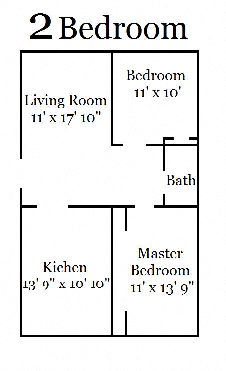 Floor plan for 2 beds, 1 bath, 845 sqft